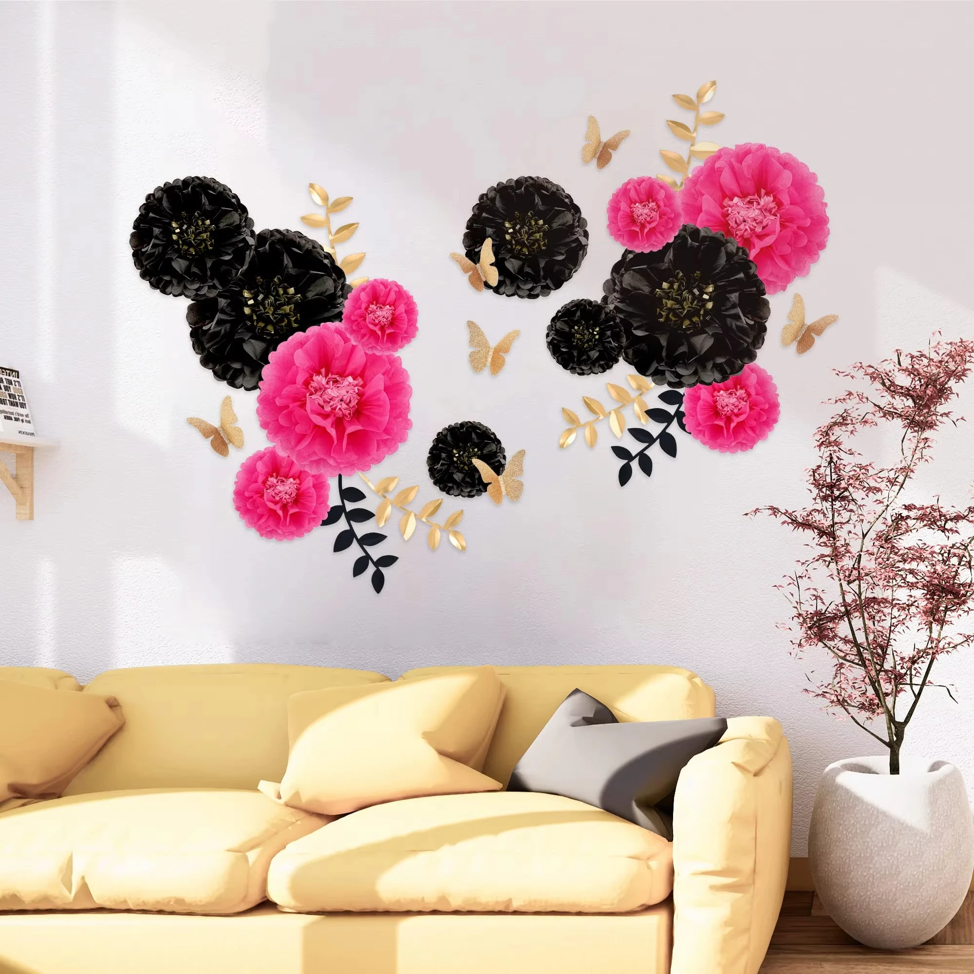 12pcs Black Hot Pink Tissue Paper Flowers Pom Poms Blooms for Bridal Shower  Bachelorette Birthday Party Wall Decorations, image size:2000x2000