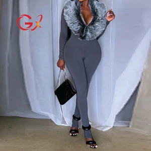 GX25303 Fashion 2026 Clothing Boutique Sexy Street Wear Women Long Sleeve Plush Neck Patchwork Deep V-neck Jumpsuit