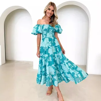 Summer 2024 European and American women's one-neck chiffon puff sleeve layered print dress