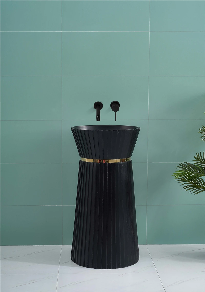 Hotel luxury black artificial stone one piece good quality bathroom freestanding pedestal sink hand wash basin manufacture