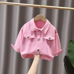 Customized Long Pink Rabbit Patched Denim Jacket for Girls Outdoor Children's Clothes for Kids