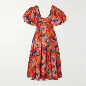 Clothing Manufacturer Custom Spring Summer square Neck Short Sleeve Cut Out Pleated Floral Print Cotton Midi Women Dress