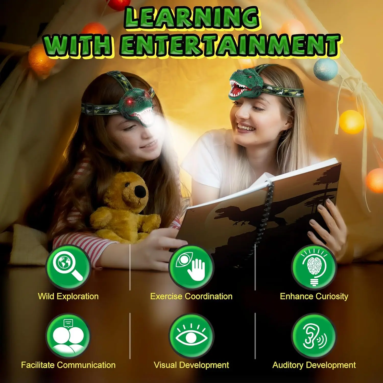 Dinosaur Flashlight Rechargeable Led Headlights Roar & Silent Mode Camping Gear Gifts for Boys Girls Adults Headlamp for Kids