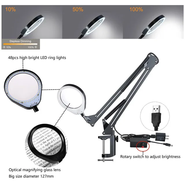 USB 10X or 10X20X Magnifier With LED Lamp Magnifying Glass 48 LED Table Lamp  With Magnifier Foldable Reading Repairing Lamp - AliExpress