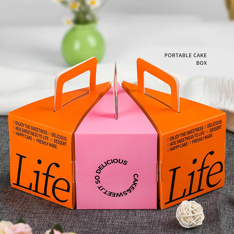 Anpassad logotyp, triangulär kakeskivlåda med handtag, portabel förpackning för bageri, efterrätter och cheesecake
