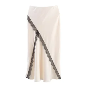 Custom Clothing Brand 2026 New Fashion Satin Women's Midi Skirt Elegant Retro High Slit Lace Empire Waistline