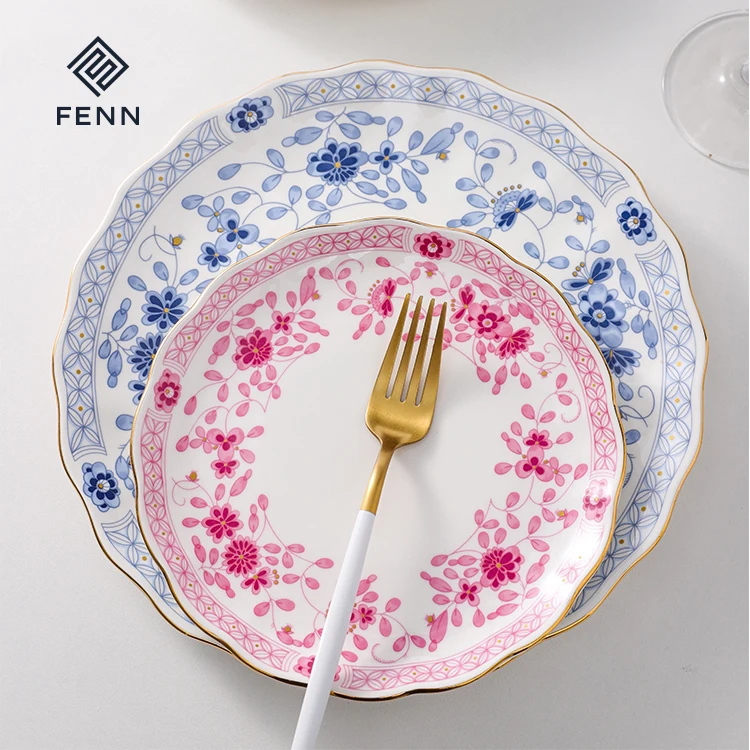 product fenn factory wholesale blue and white retro porcelain tableware luxury western restaurant ceramic dinner plates sets dinnerware-58