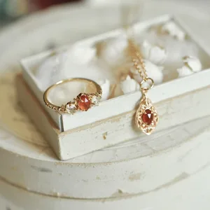 Vintage 18K Gold Plated Copper Natural Orange Garnet Retro Exquisite Ring Pendant Jewelry Set