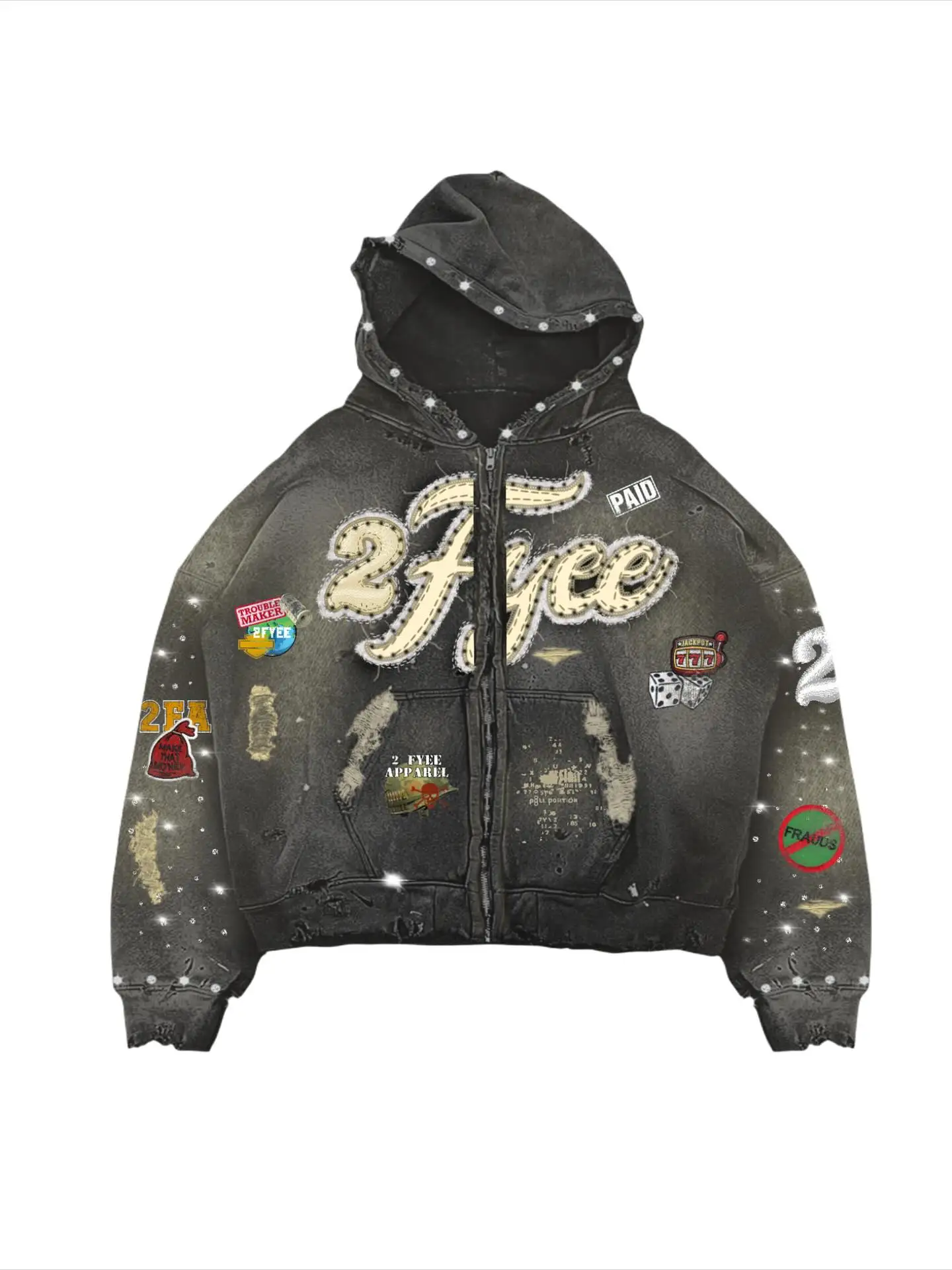 OEM Custom Vintage Washed Sun Faded Hoodie Men Factory Oversized Heavyweight Cotton Zipper Jacket Rhinestone Hoodies for Winter