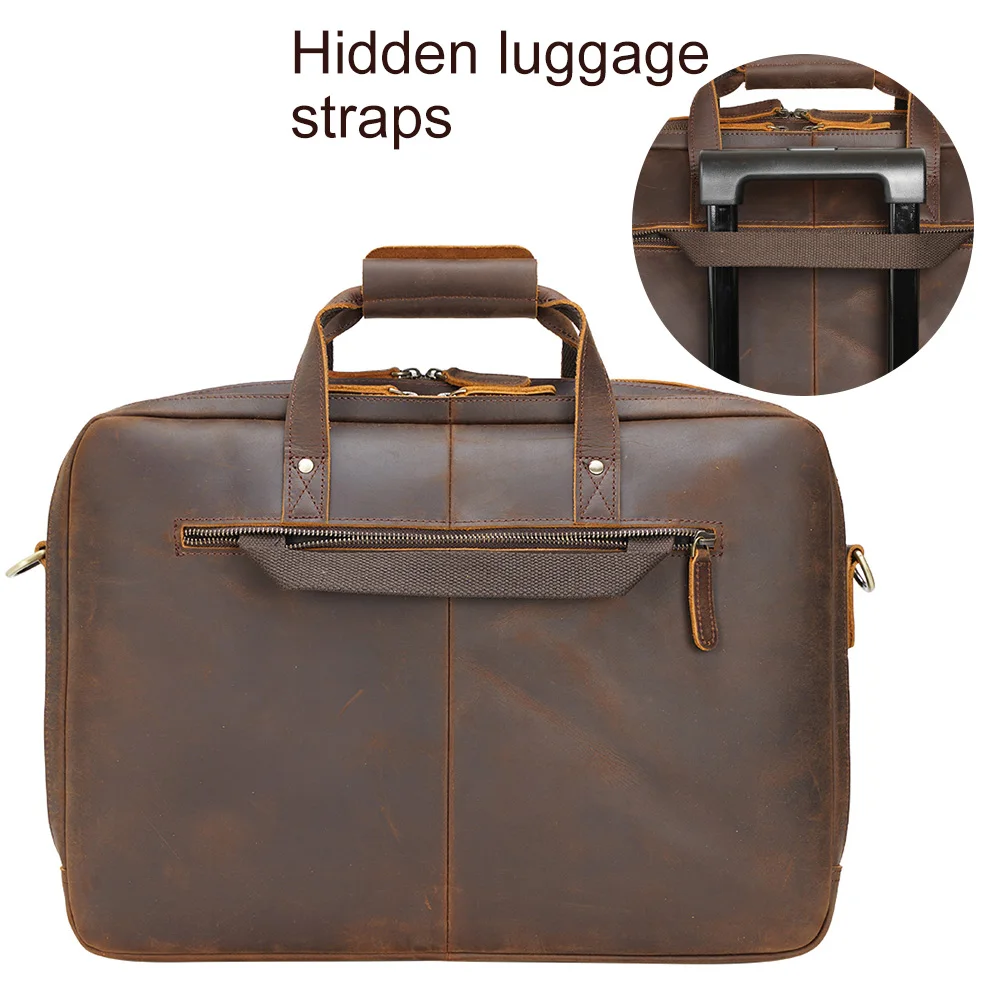 TIDING Large Capacity 17 Inch Cow Leather Travel Briefcase Bag Retro Crazy Horse Leather Briefcase for Men