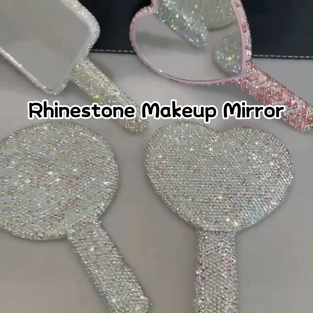 Awk Pink Glitter Sliver Heart Handheld Mirror Rhinestone Makeup Mirror