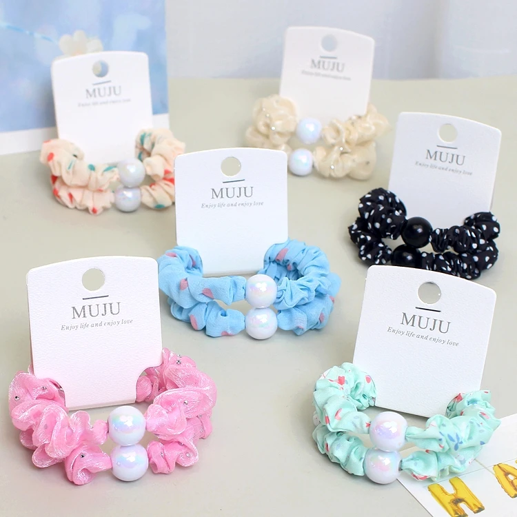 2Piece Set of New Pearl Scrunchie Hair Tie Printed Cloth Fold Thick Rubber Band High Elastic Ponytail Head Rope for Girl