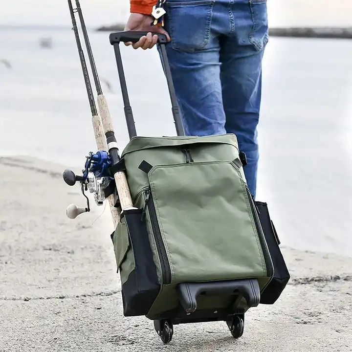 Custom Polyester Fishing Backpack With Wheels Tie Rod Box Mochila Fishing Tackle Storage Knapsack Outdoor Waterproof Backpack