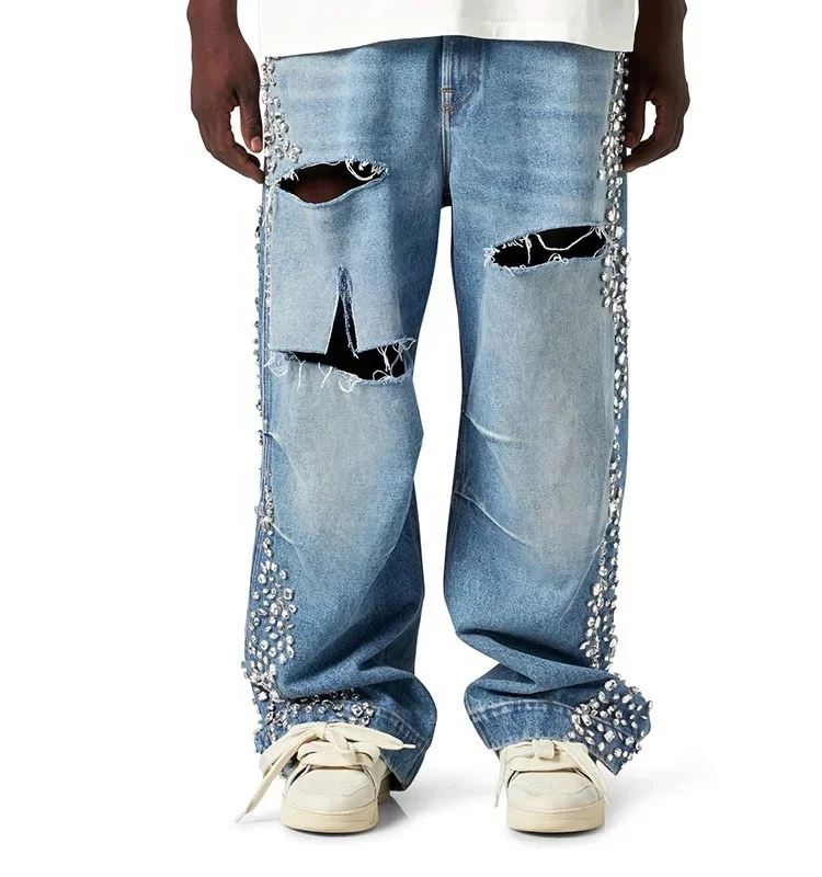 Salati Designer Y2K High Quality Wash Glitter Vintage Rhinestone Print Oversized Ripped Man Trousers Denim Pants Baggy Jeans Men gallery 2