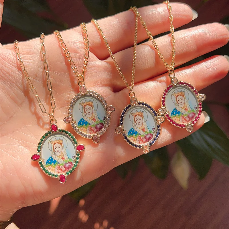 Wholesale Womens Catholic Religious 18K Gold Plated Zircon Paved Enamel Color Our Lady Virgin Mary Pendant Charm Necklace
