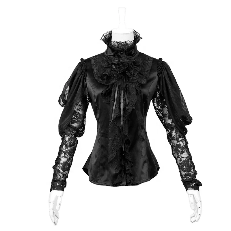 Punk Rave Black Gothic Top With Lace Sleeves and Straps at Back T-324