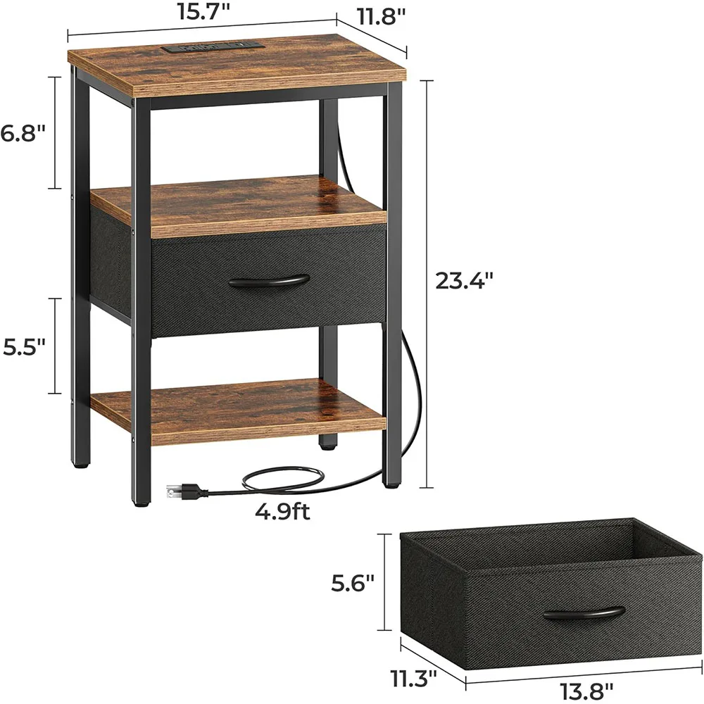 Modern 3-Tier Storage End Table Adjustable Fabric Drawer Nightstand Charging Station for Bedroom Home Use manufacture