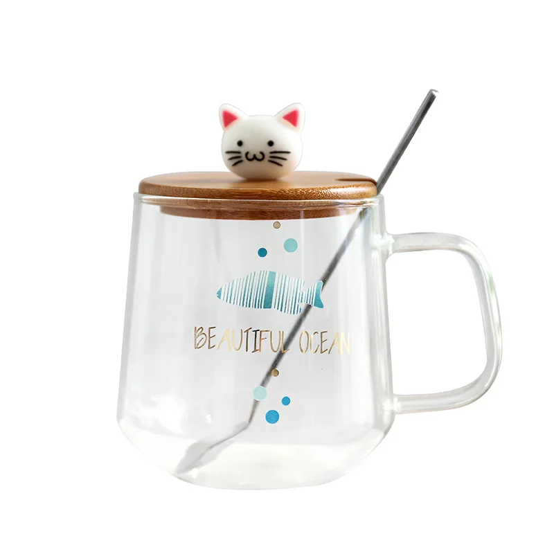 Cute Cat Mug Glass Mug with Spoon and Wood Lid