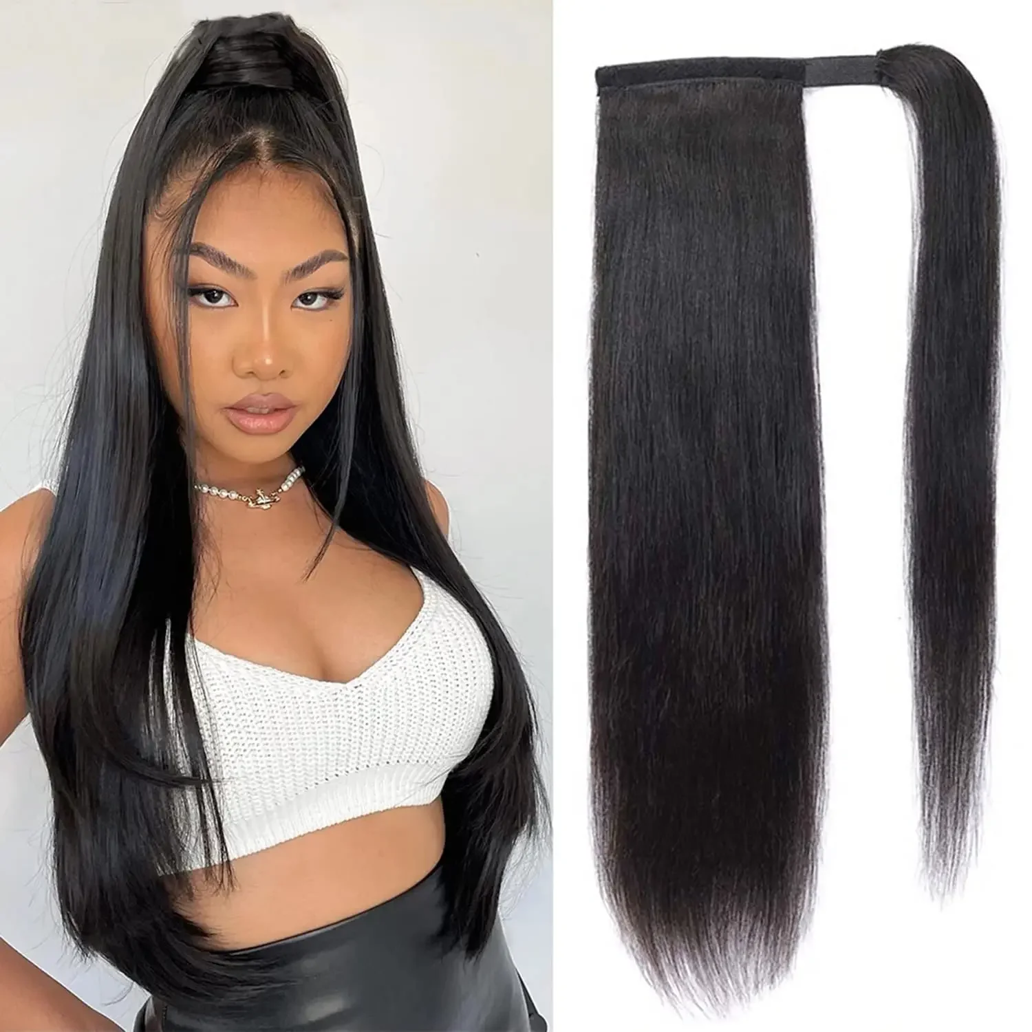 Body Wave Human Hair Ponytail Extension Natural Black Clip In Curly 32 inches_voghion.com