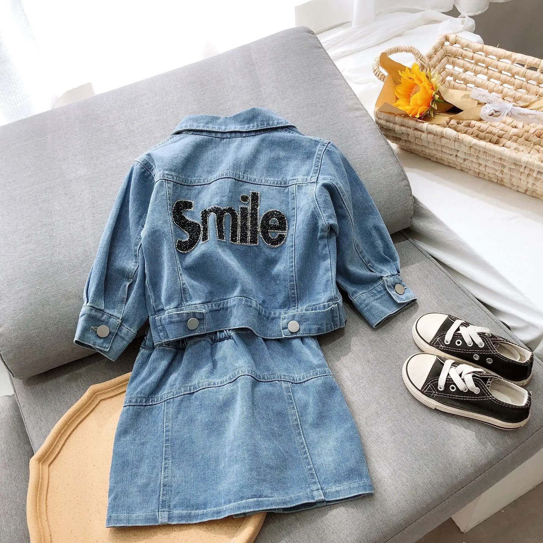 Spring Letter Jeans Jacket With Skirt 2pcs Autumn Children Cowboy Set Blue Denim Clothing Girls Outfits High Fashion Clothes