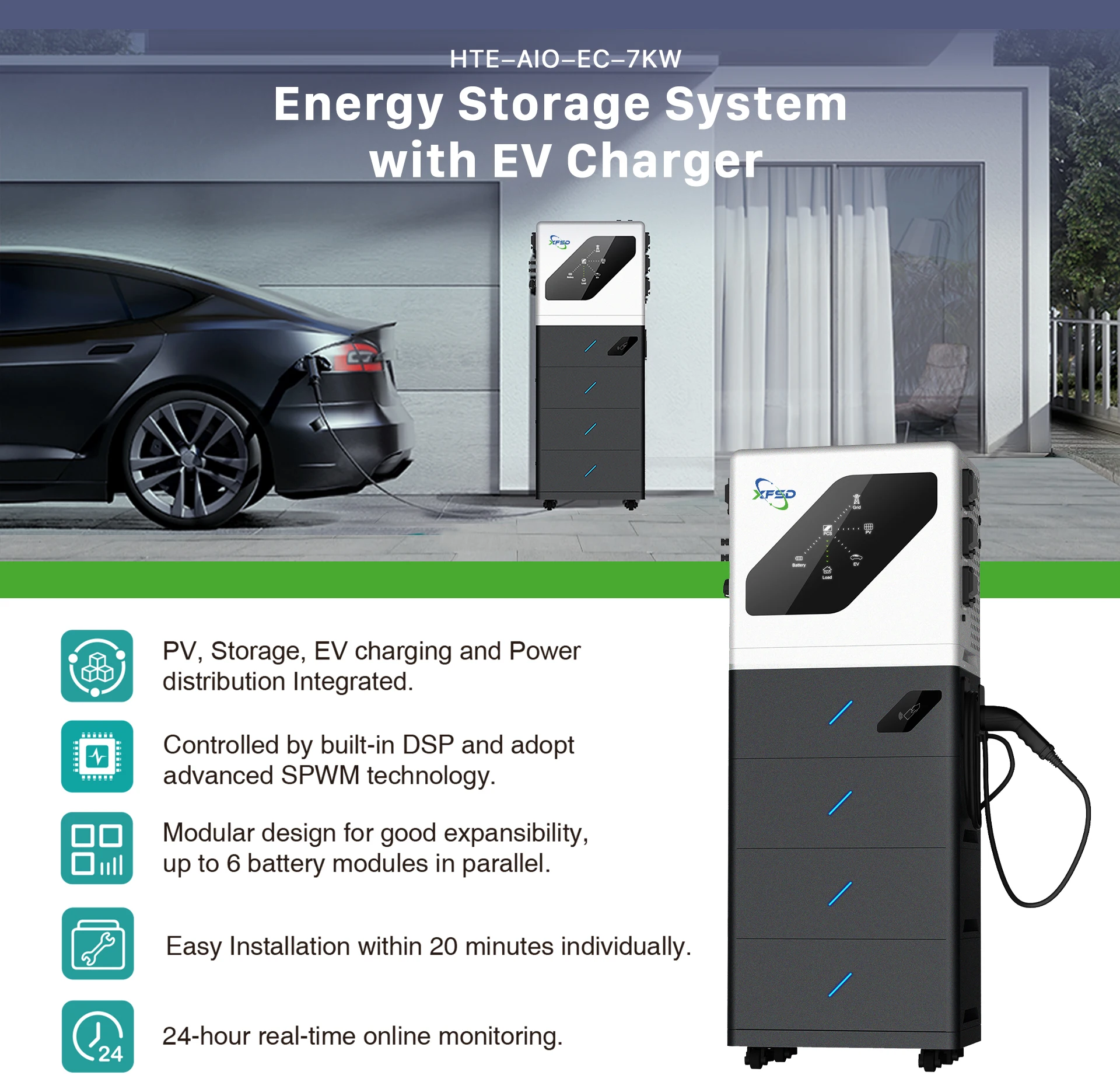 7000W System with Electric Vehicle /EV Charger Emergency Energy Storage PV Storage Charging 300 Ah 15kwh All in One System factory