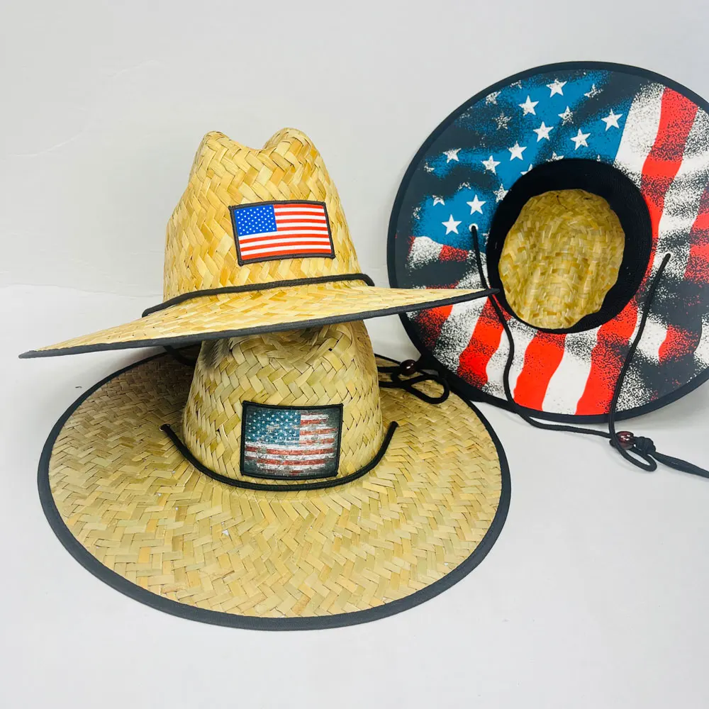 Shangyi UPF 50+ Flag Pattern Under Brim Printed Custom Straw Beach Hats for  Men