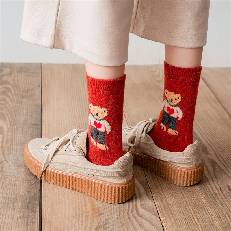 Wholesale Bulk Winter Cute Teddy Bear Cartoon Socks Women Comfy Warm Wool Crew Socks