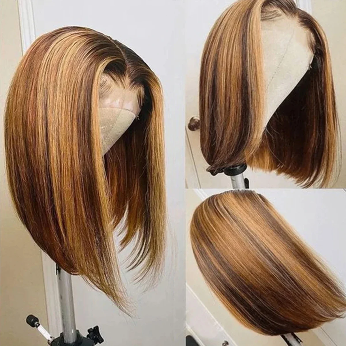 Bob Wig Echthaar T-part Lace Front Perücke Glatt Braun Remy_voghion.com