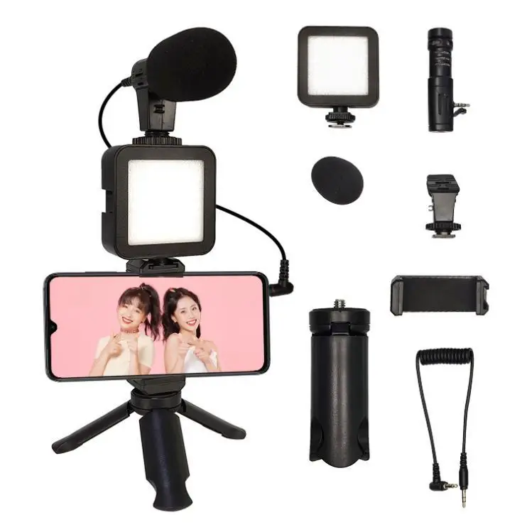 Professional Vlogger Kit Vlogging Equipment Kit Video Recording Microphone LED Fill Light Tripod Stand Kit for Smartphone
