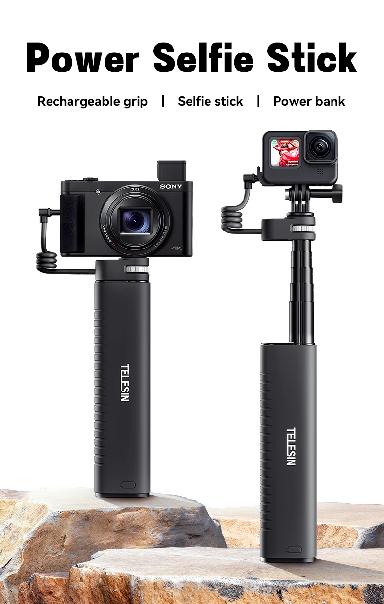 Telesin Power Bank Power Hand Grip Selfie Stick for GoPros, DJI and Insta360 action cameras and mobile phones