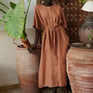 Natural Environmentally Friendly Linen Tie Belt Wrapped Maxi V-neck A-line Wrap Dress Women Linen Maxi Dress High Quality