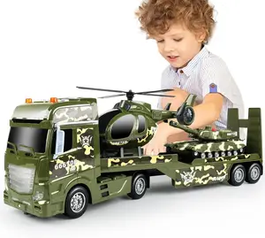 EPT Green Military Big Truck Toys 25.6" Semi Truck Toy with Helicopters and Tank Army Toys with Lights & Sounds