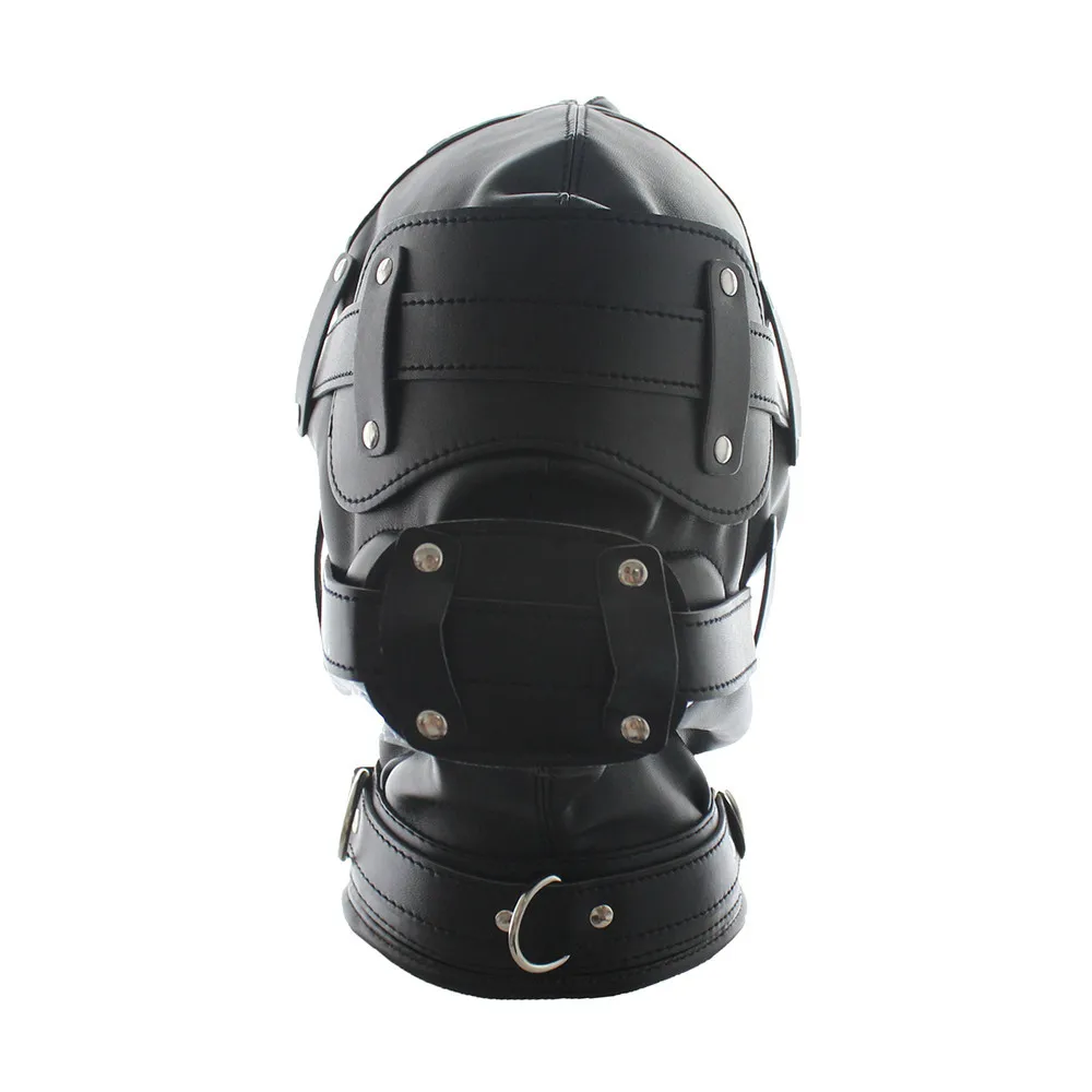 Adjustable Leather Black Bondage Hood BDSM Head Cage with Dildo Mouth Gag for Slave Play
