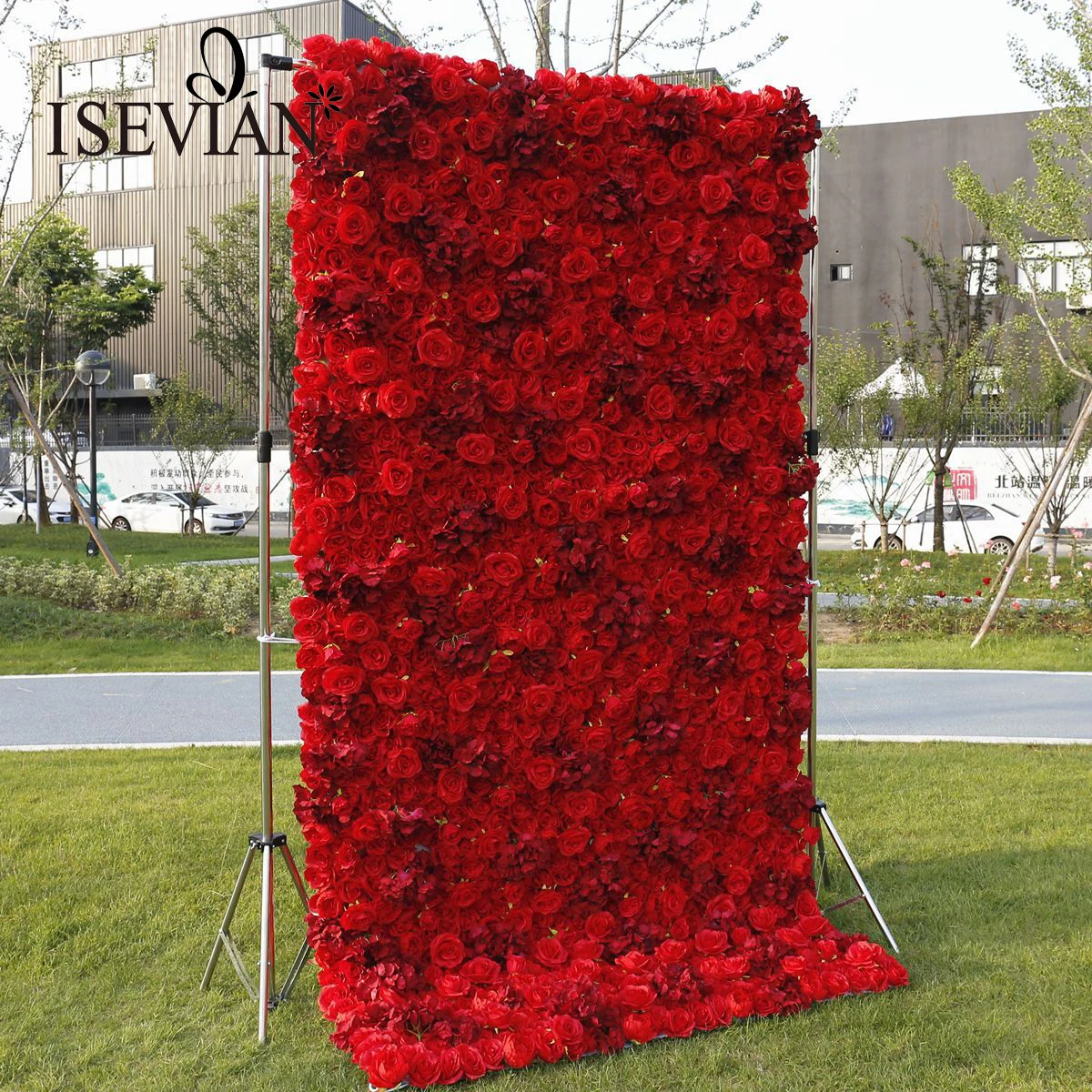 ISEVIAN Customized 10x10 8x8 Red Rose Artificial Flower Wall Panel Backdrop Wedding Decor
