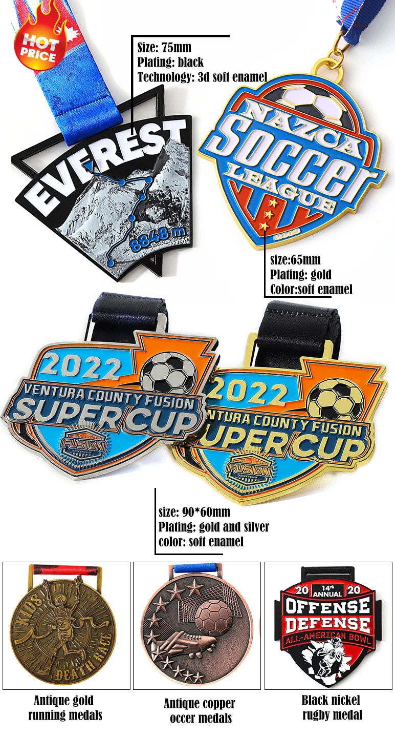 Fabrik Custom Medaillen Sport Metall Logo Emaille Auszeichnung Medaille 2d 3D Gold Silber Fußball Medaillen mit Band 9