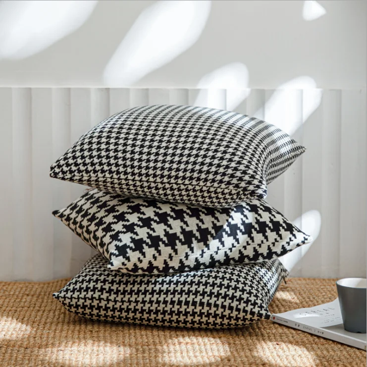 Asg Houndstooth Cotton Knitted Throw Houndstooth Cushion Cover 18*18 Inches Pillow Case for Home Decoration