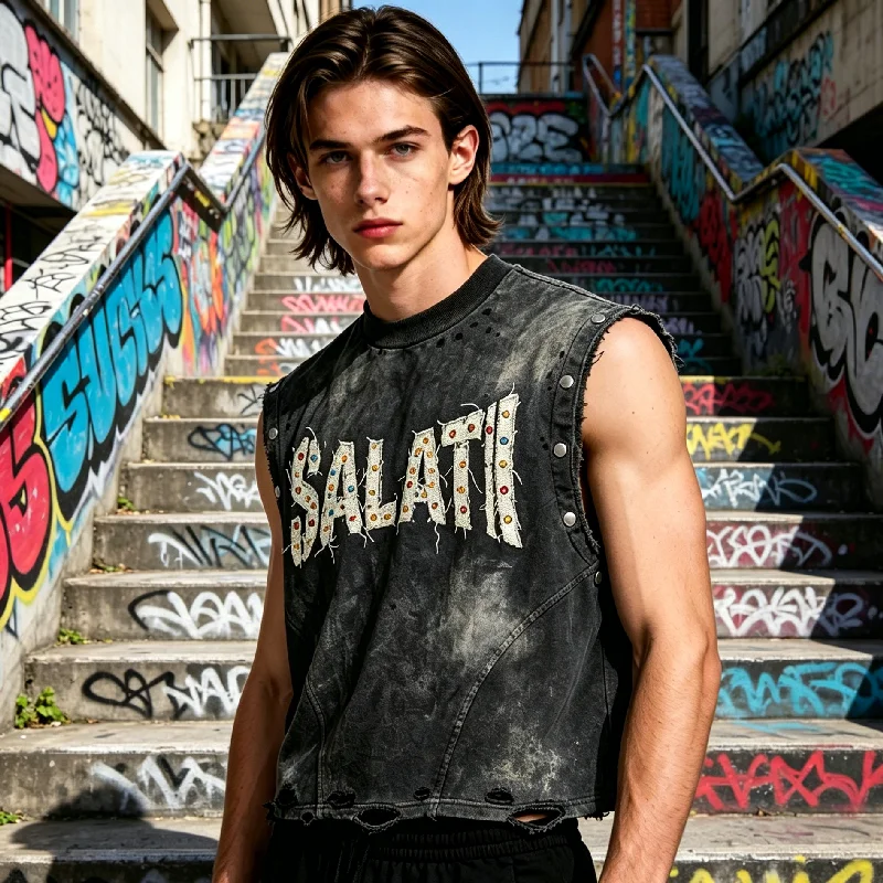 Custom Summer 100 Percent Cotton Ripped Distressed Embroidery Rhinestone Sleeveless T Shirt Acid Wash Rivet Tank Top Apparel gallery 4