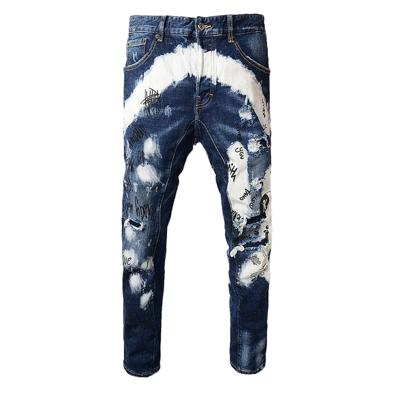 American Vintage Ripped Jeans Casual Stretch Slim-Fit Short-Legged Pants Denim Knitted Washed for Homeless Men Youth Winter