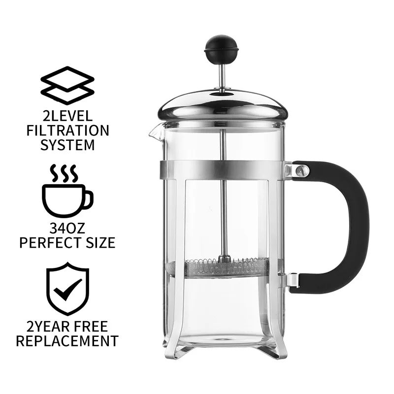 Minimal Stainless Steel Double Walled French Press, 1000ml