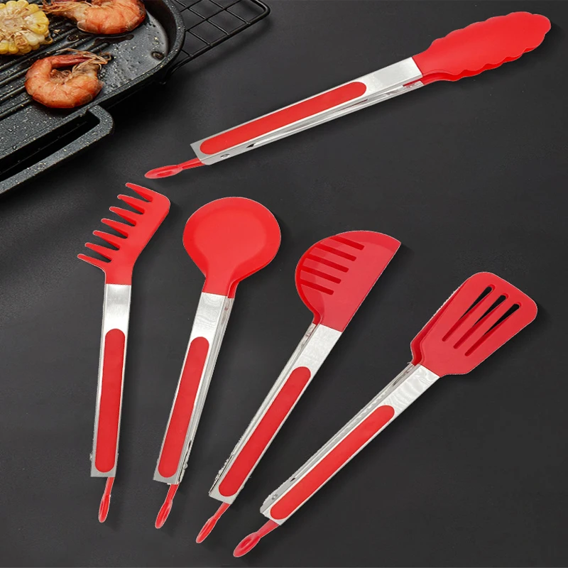Customized Logo Wholesale Premium Sustainable 5-Piece Cooking BBQ Baking Tools Stainless Steel Locking Kitchen Tongs supplier