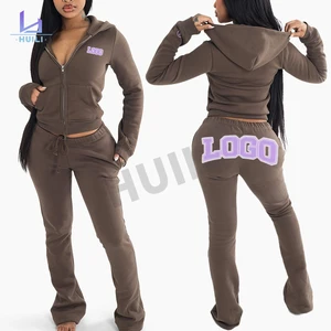 Huili Manufacturer Custom High Quality Two 2 Piece Fitness Gym Workout Tracksuits OEM Heavyweight Zip up Hoodie Sets Women's