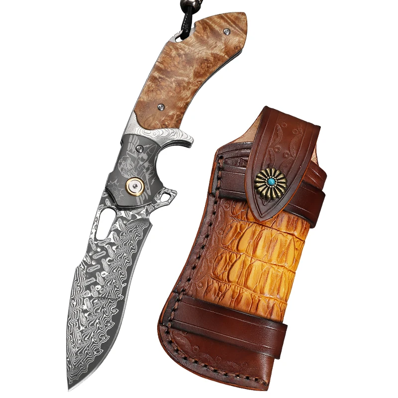 Flying Eagle-Navigator High Quality Damascus Folding Pocket Knife Sheath D2 Steel Blade Wood Handle Outdoor Use OEM