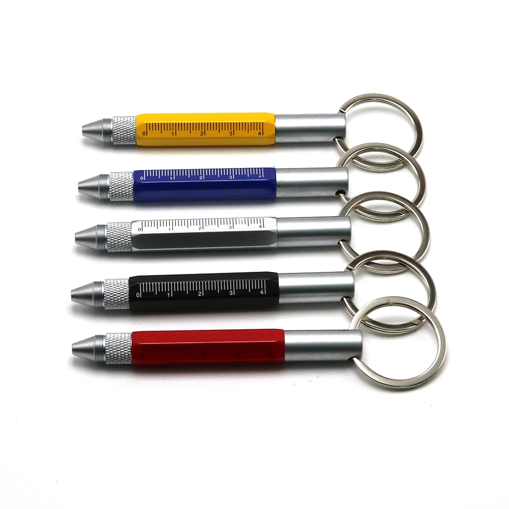 Multi Function Ball Pen 6 in 1 Tool Screwdriver Ruler Mini Metal Ballpoint Pen with Keychain
