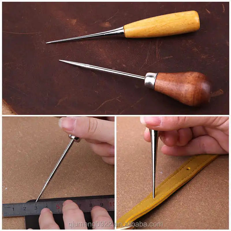 1Pc DIY Leather Tent Sewing Awl Shoes Repair Tool Hand Stitcher Wooden  Handle Awl Leather craft Awl Punch Hole Leather Tool