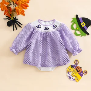 Custom Baby Clothes Shirred Smocked Baby Clothing Plaid Princess Dress Casual O-Neck Embroidery Cartoon Baby Rompers
