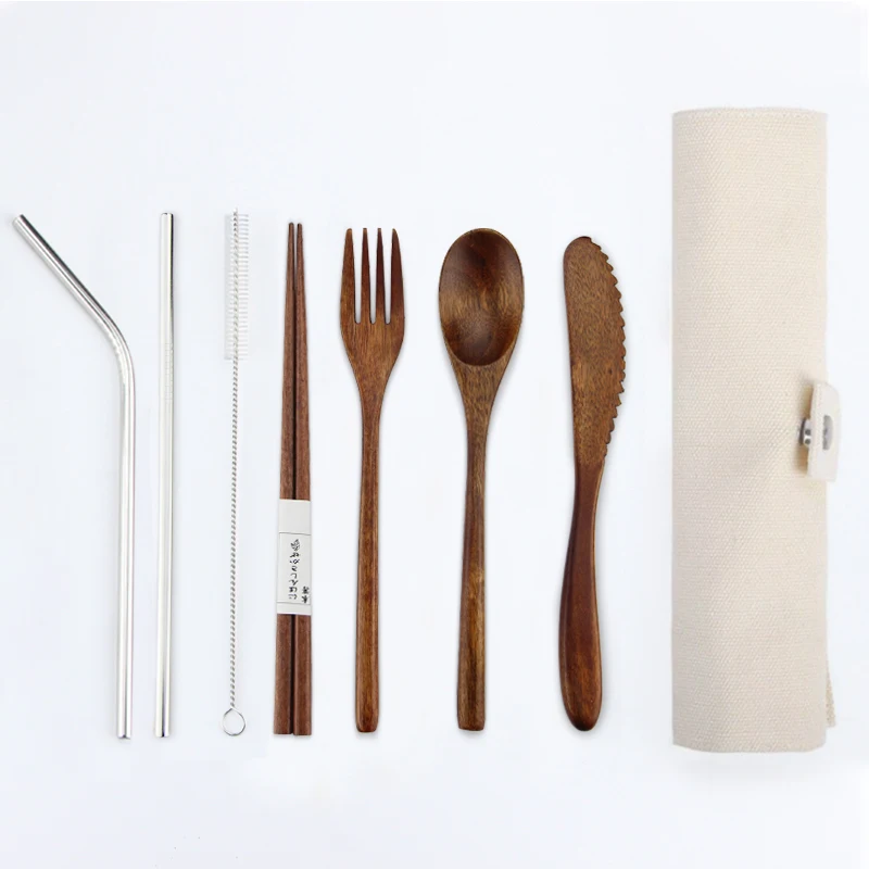 
Оптовая продажа, дорожные портативные многоразовые черные органические бамбуковые столовые приборы, набор столовых приборов в сумке 