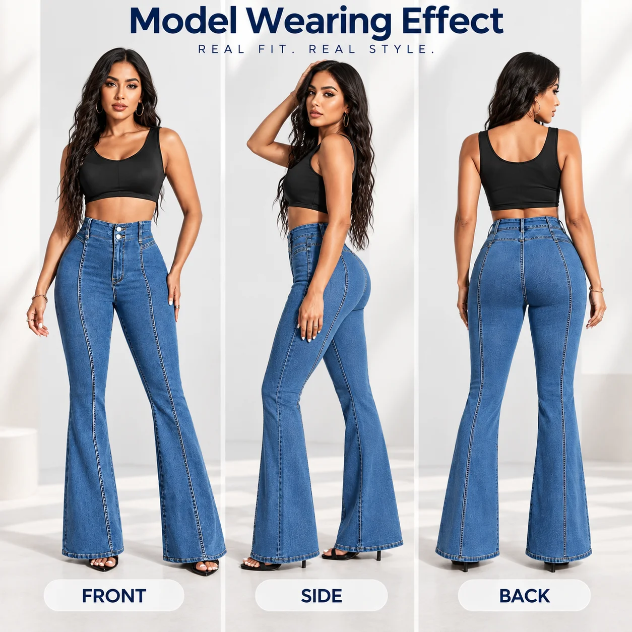 European Women's New Spring Autumn Front Back Splicing Mid-waist Regular for Wash Full-Length Denim Flare Pants