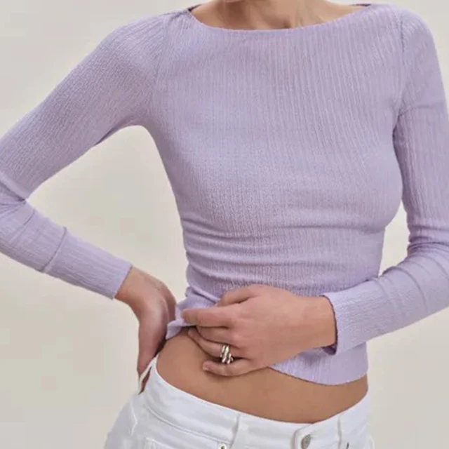 High - Quality Lilac Boat Neck Top, Ribbed Fabric, Chic for Minimalist Wardrobes & All - Season Outfits