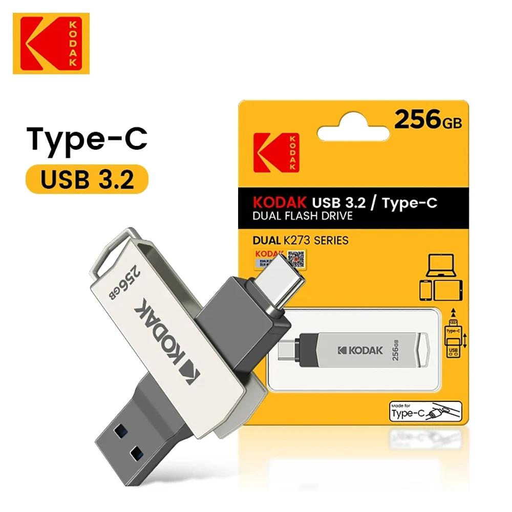 Kodak USB 3.2 Type C OTG Dual Flash Drive K273 Mini Pendrive Metal U-disk Portable 2in1 256 GB USB Flash Drive