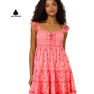 Customize Summer Red V-neck Ruffle Straps Floral Printed Casual Short Dresses Custom Fashion Ladies Plus Size Dress